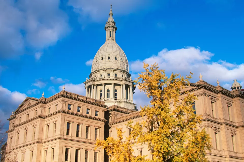 View of Michigan State Capitol dome in Lansing, Michigan.